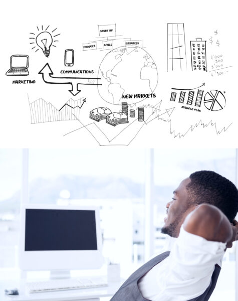 Brainstorm graphic against relaxed businessman with hands behind head