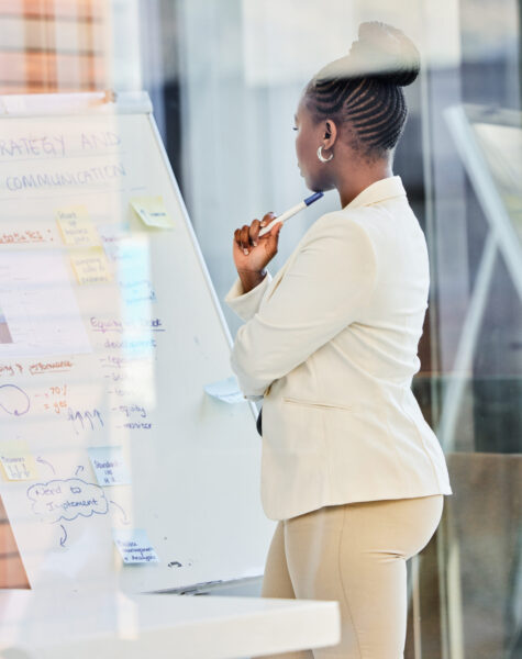 Woman, whiteboard and planning for sales strategy in office with thinking, finance and problem solving with charts. Person, manager and board to prepare presentation with graphs, branding or mind map.